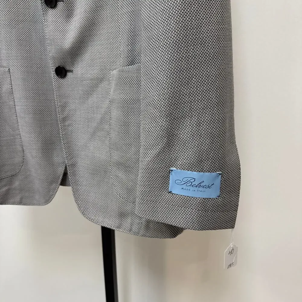 Belvest Wool Grey Houndstooth Sport Coat 50 NEW Unstructured Blazer Jacket